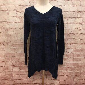 LOGO Lori Goldstein Womens XXS Tunic Sweater V-Neck Pockets Dark Blue Heather